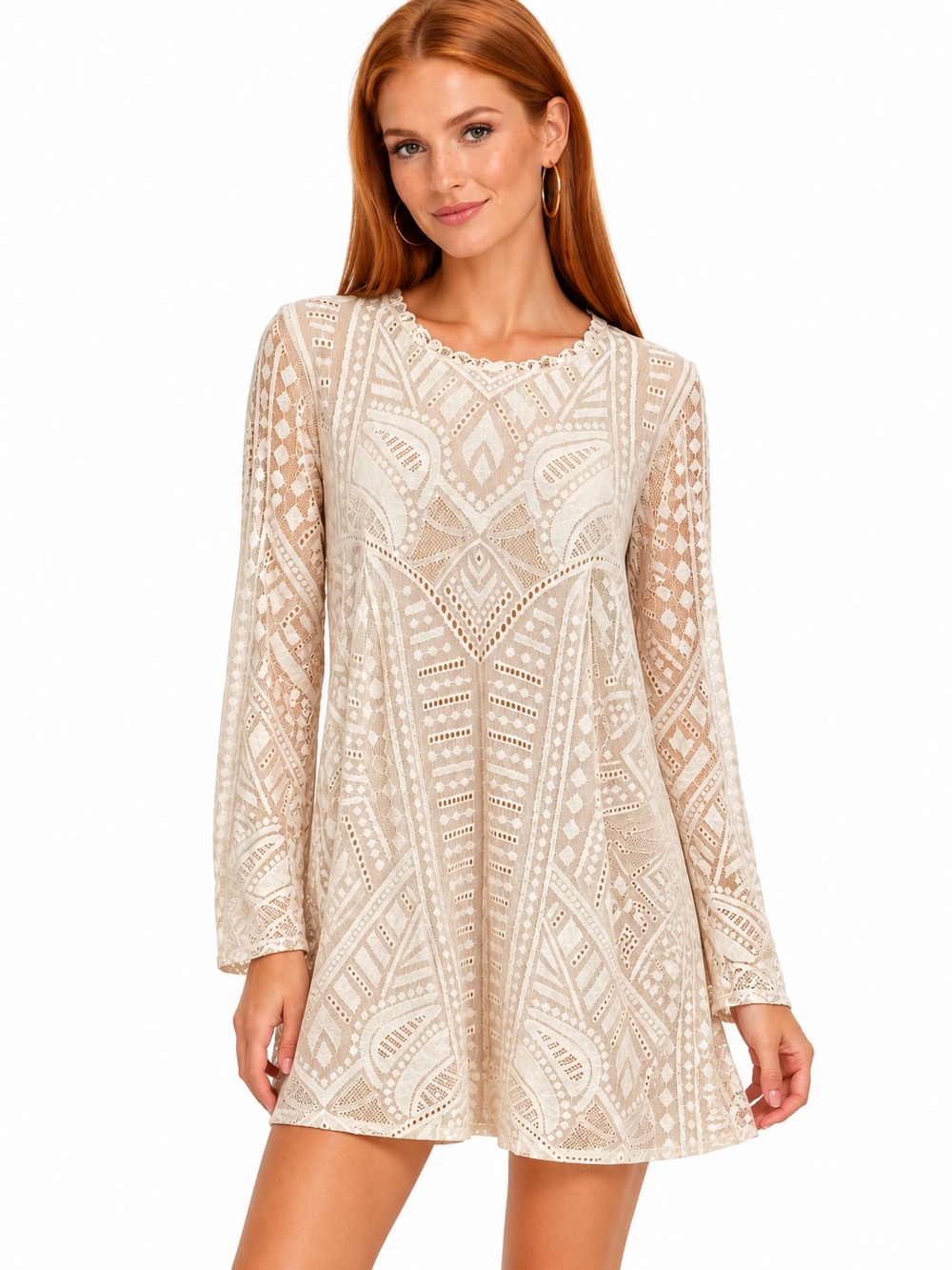 BCBGMaxAzria Tan Ivory Long-Sleeve Lace Shift Dress Boho Classic